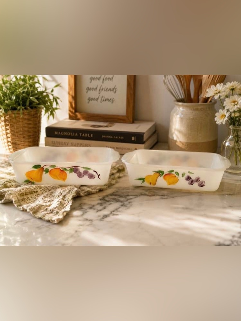 Vintage 1950’s Fire King Anchor Hocking Fruit Garland Milk Glass Loaf Pans Set